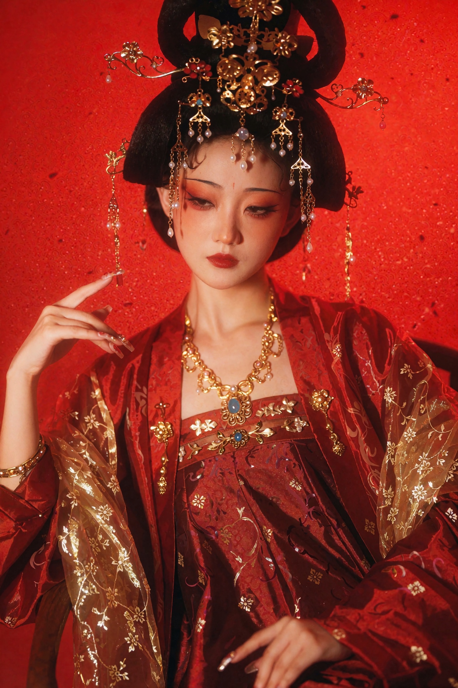 Cinematic classical Chinese gufeng editorial portrait of a young woman styled as a Tang dynasty court noblewoman,  head ti...