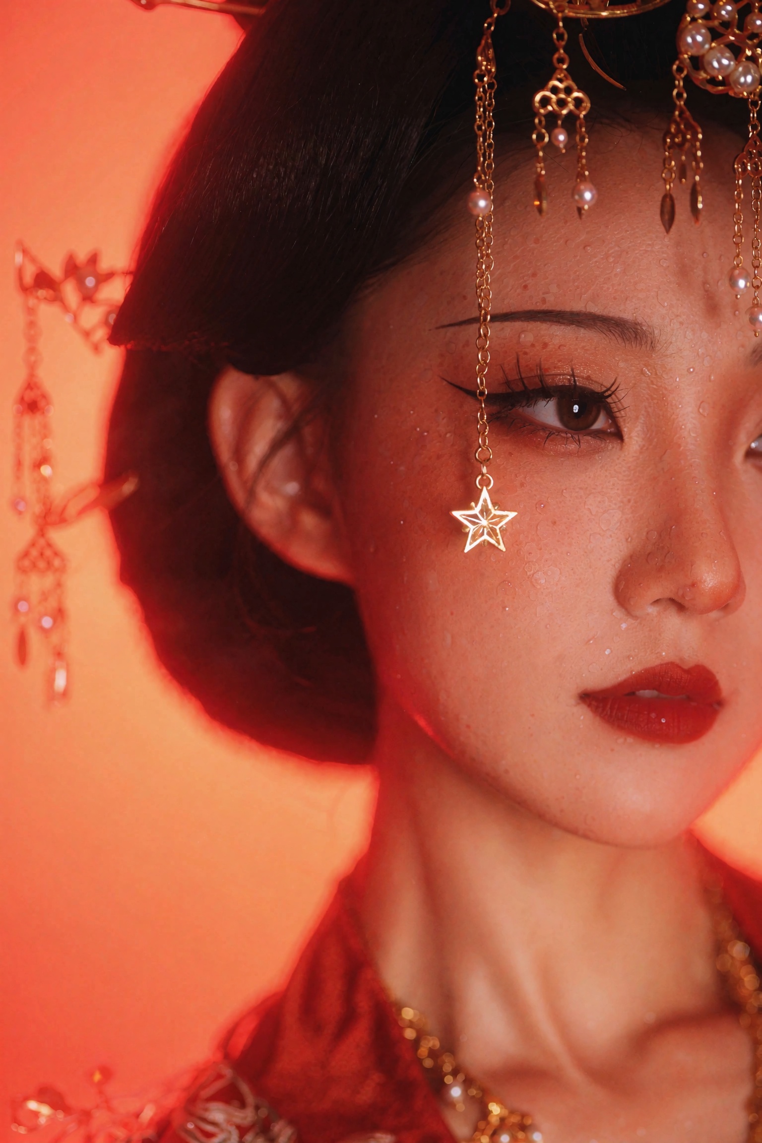 Cinematic classical Chinese gufeng editorial extreme close-up portrait of a young woman,  face in three-quarter view with...