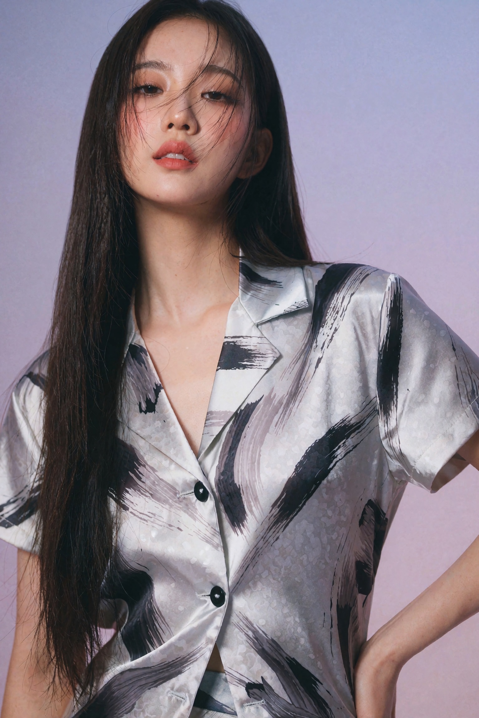 Cinematic fashion magazine editorial portrait of a young woman with chin slightly raised,  gazing down into the camera wit...