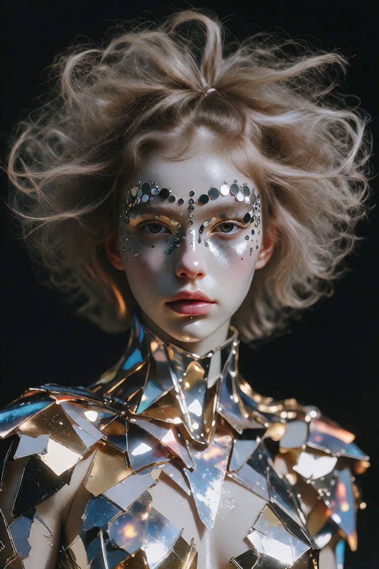 A woman with pale skin faces forward against a solid black background under dramatic studio lighting that emphasizes her f...
