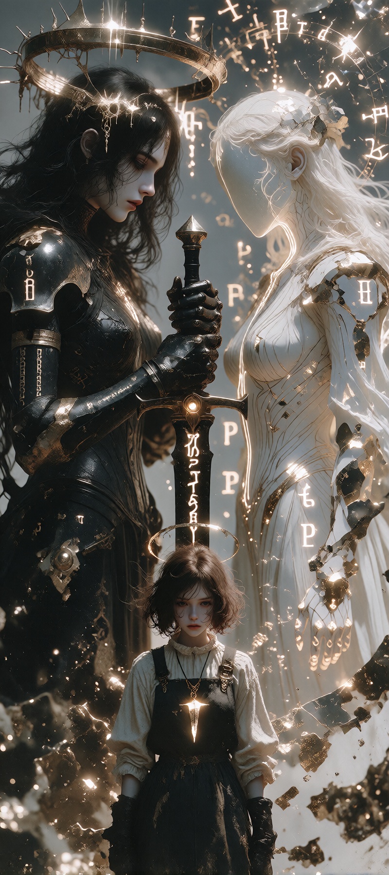 A wide cinematic dark fantasy illustration. A teenage girl stands alone in the foreground,  tiny in scale against the mass...