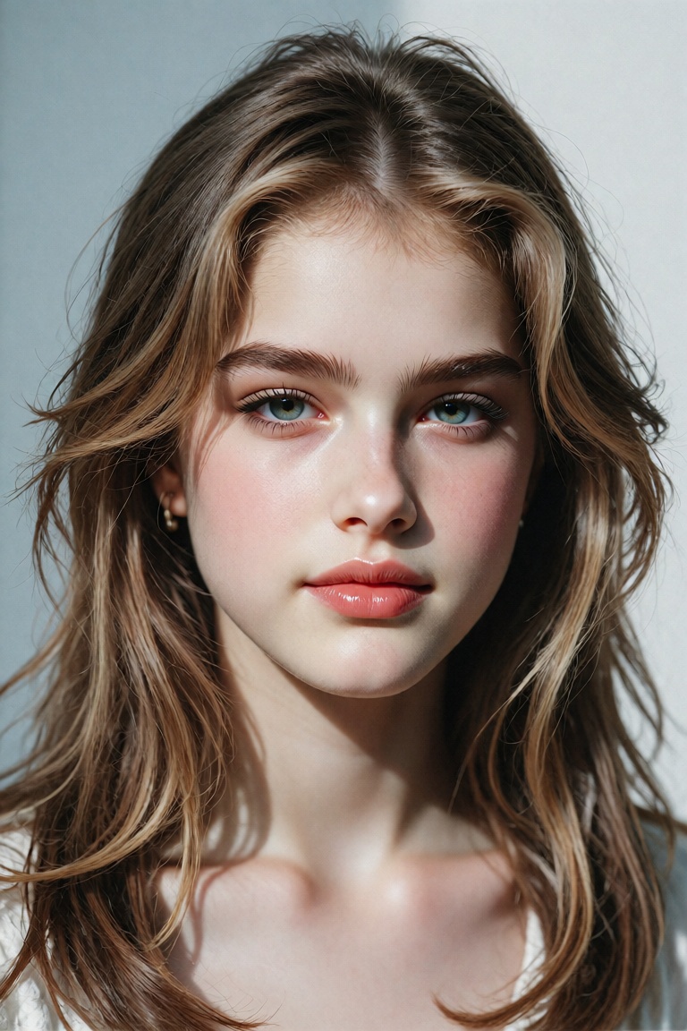 A high-quality studio portrait captures a young Brooke Shields from the shoulders up,  highlighting her signature 1980s ae...