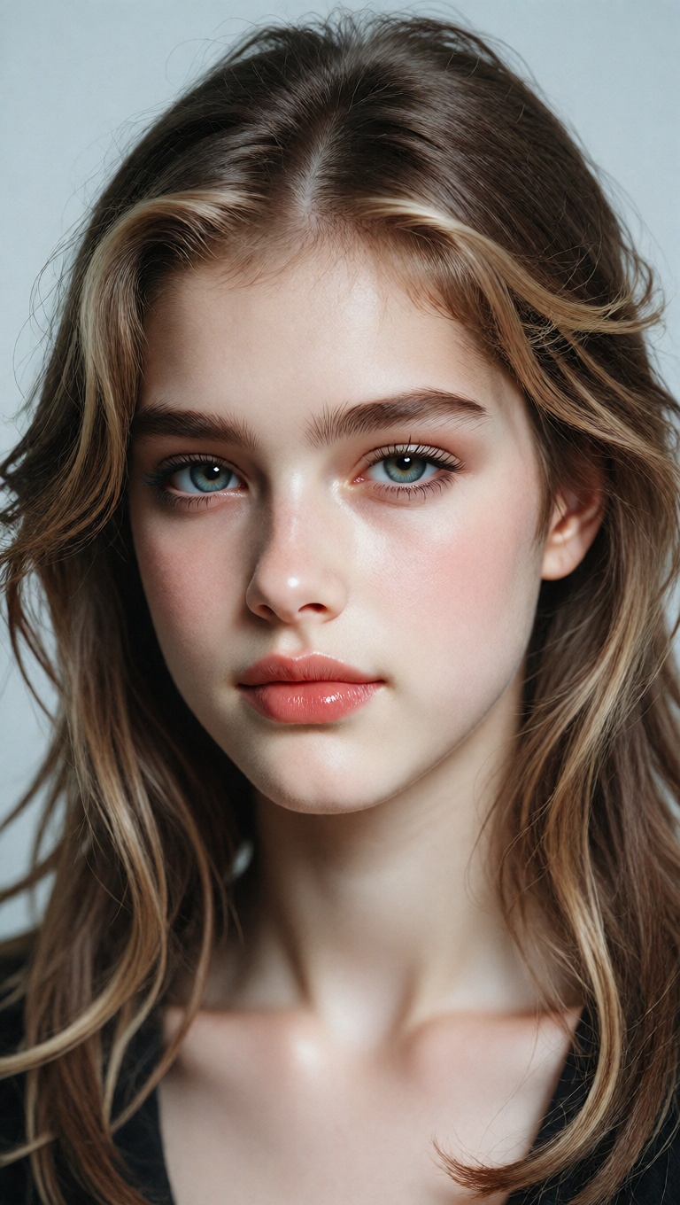 A high-quality studio portrait captures a young Brooke Shields from the shoulders up,  highlighting her signature 1980s ae...