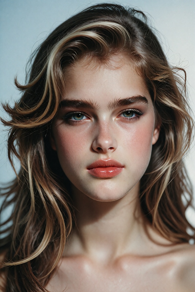 A high-quality studio portrait captures a young Brooke Shields from the shoulders up,  highlighting her signature 1980s ae...