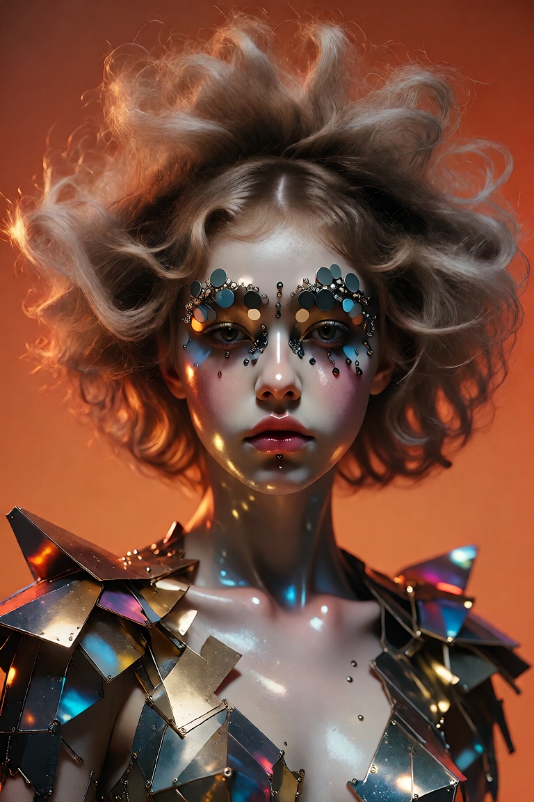 A woman with pale skin faces forward against a solid orange background under dramatic studio lighting that emphasizes her...