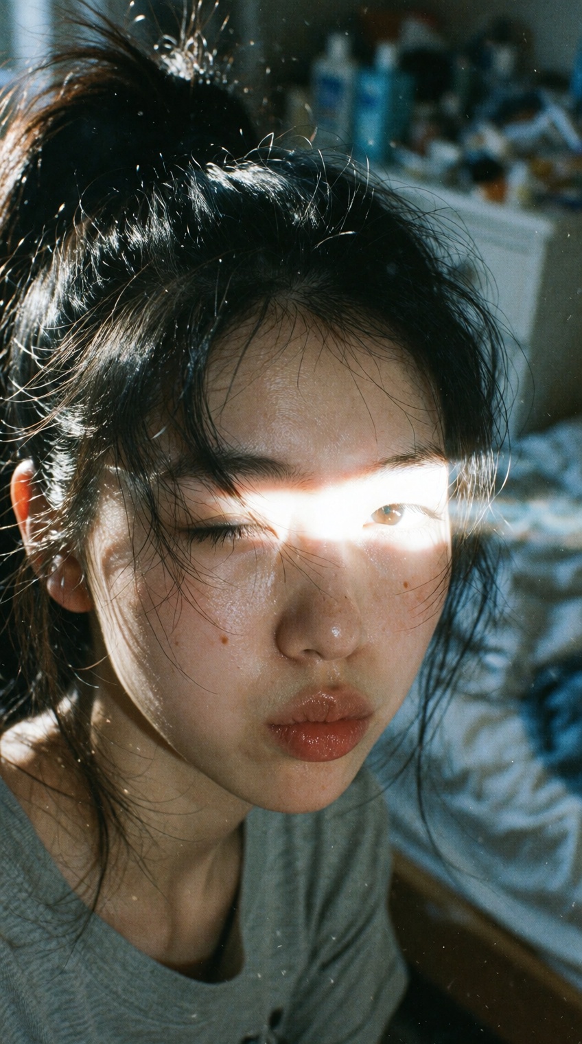 This ******* photo is a chaotic close-up snapshot of a stunned The subject is a young East Asian woman,  approximately 20...