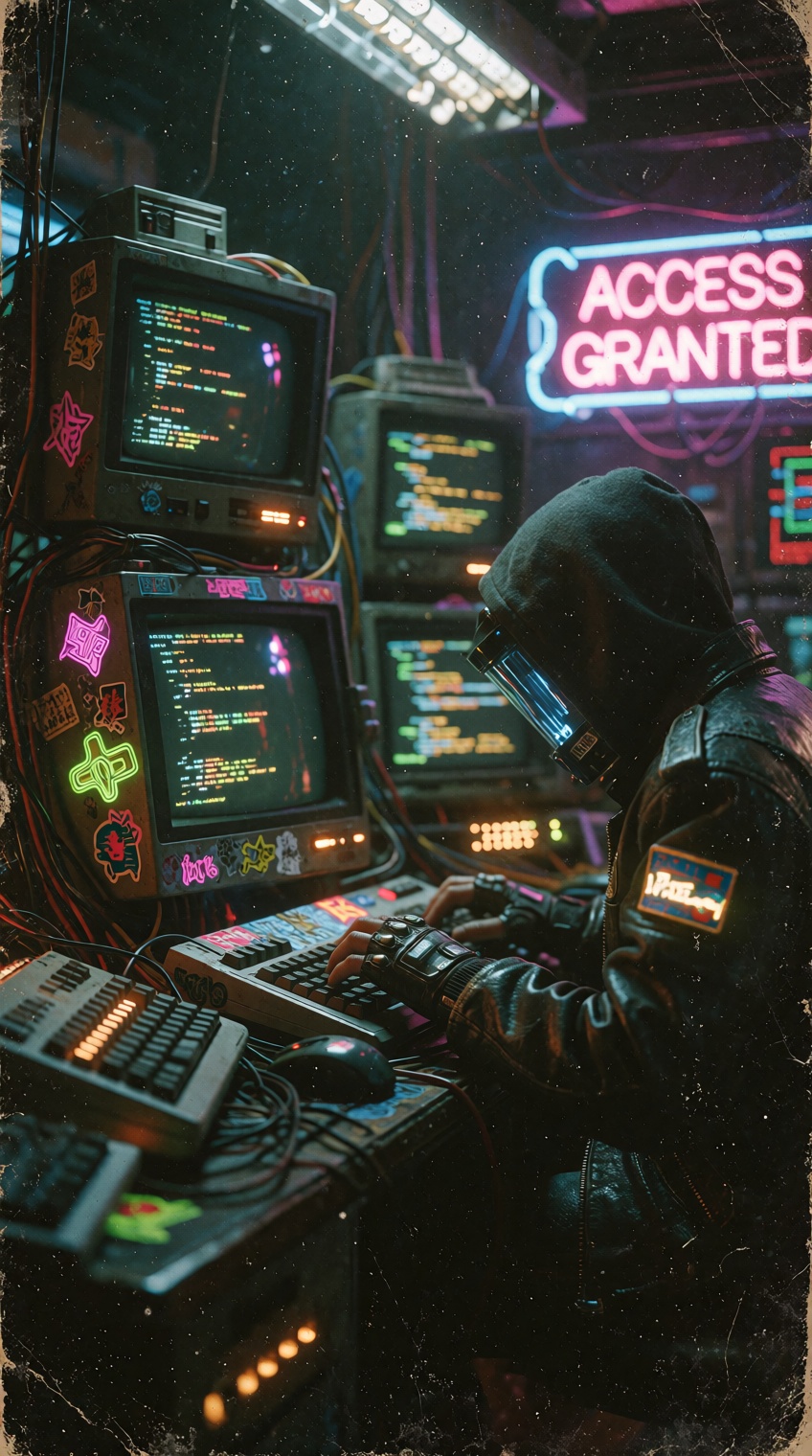 A grainy,  vintage-style photograph of a cluttered hacker den from an alternate 1980s cyberpunk world. The room is filled...