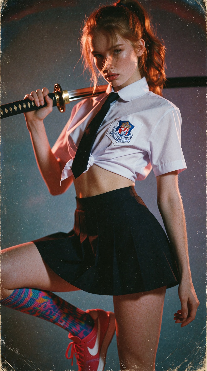The image is a high-resolution portrait of a young Thai model posing as a light-skinned schoolgirl,  her red hair tied in...