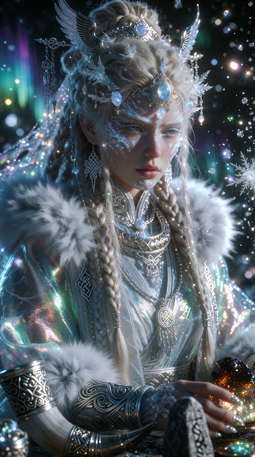 A stunning ethereal fantasy portrait of a mystical deity or celestial being with elaborate traditional Nordic-inspired cos...