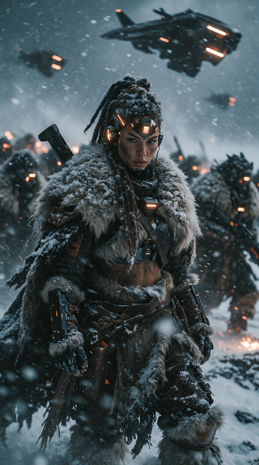 Cinematic sci-fi photography,  frozen post-apocalyptic battlefield,  cybernetic tribal warrior leader with fur armor stand...