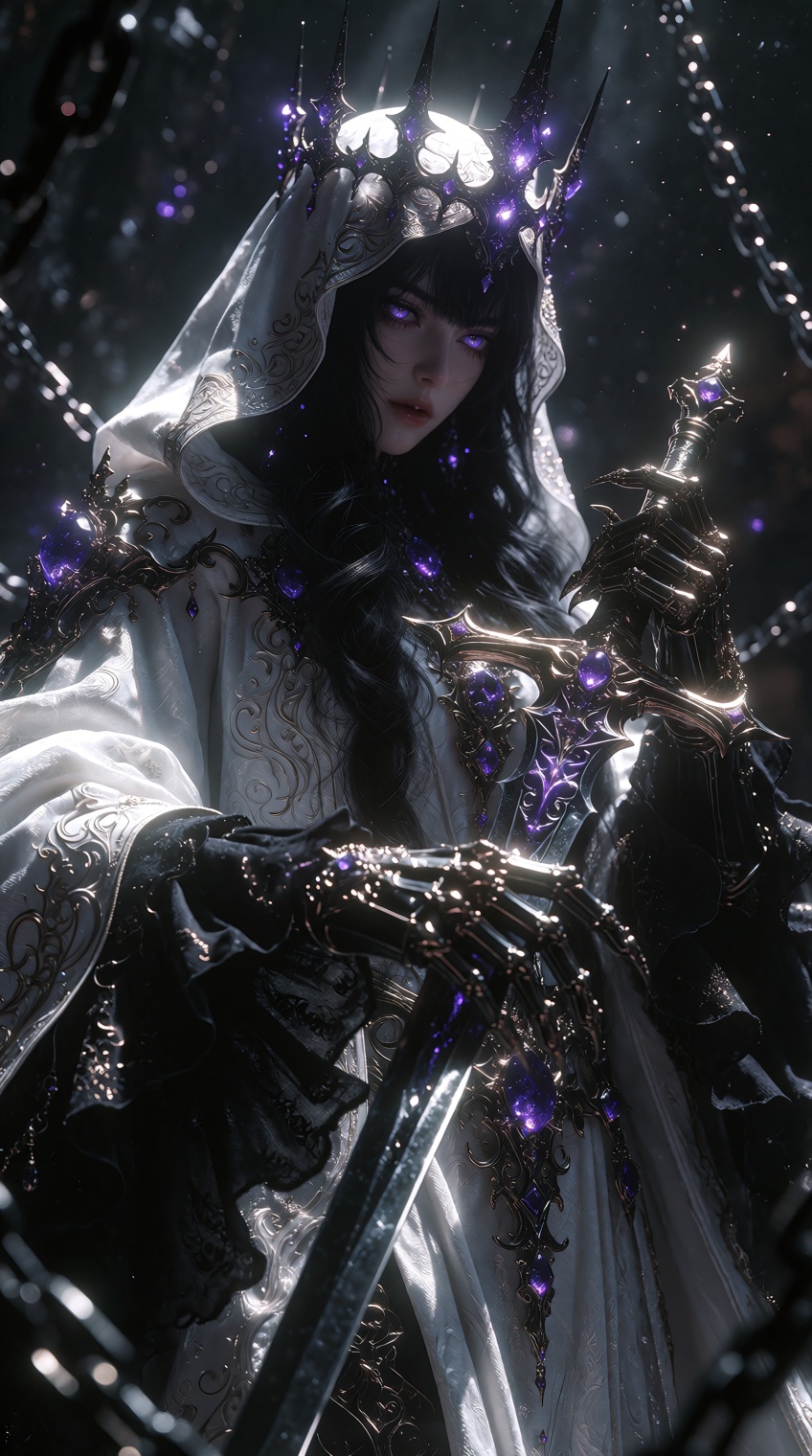 a dark,  ethereal figure stands cloaked in a flowing white and black garment adorned with intricate silver patterns and de...