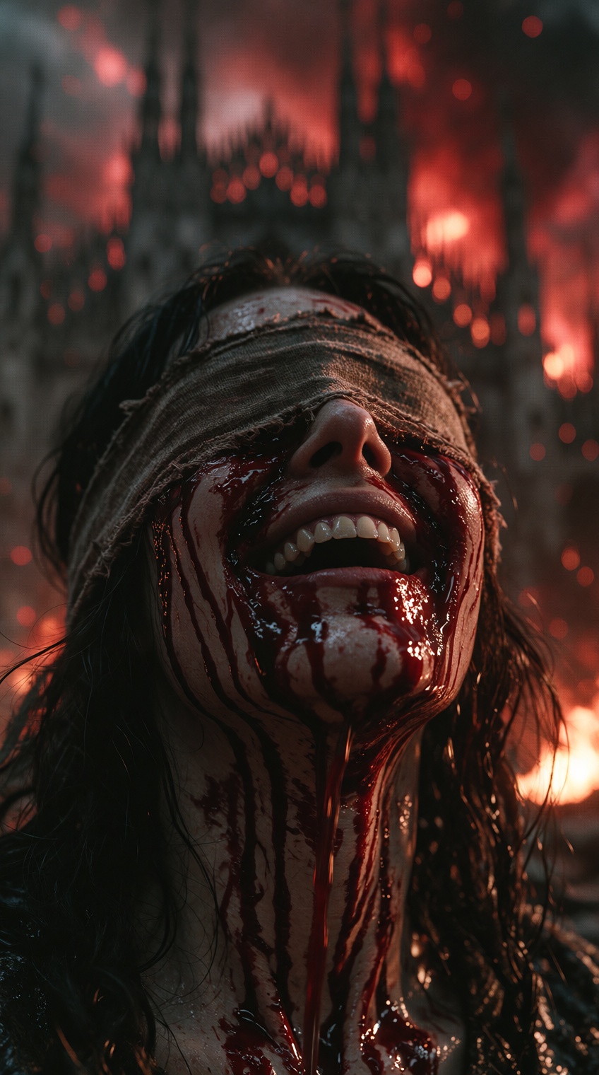 A woman smiles with unnerving ecstasy,  her head tilted back in bliss even as blood streams from beneath a torn,  ragged b...
