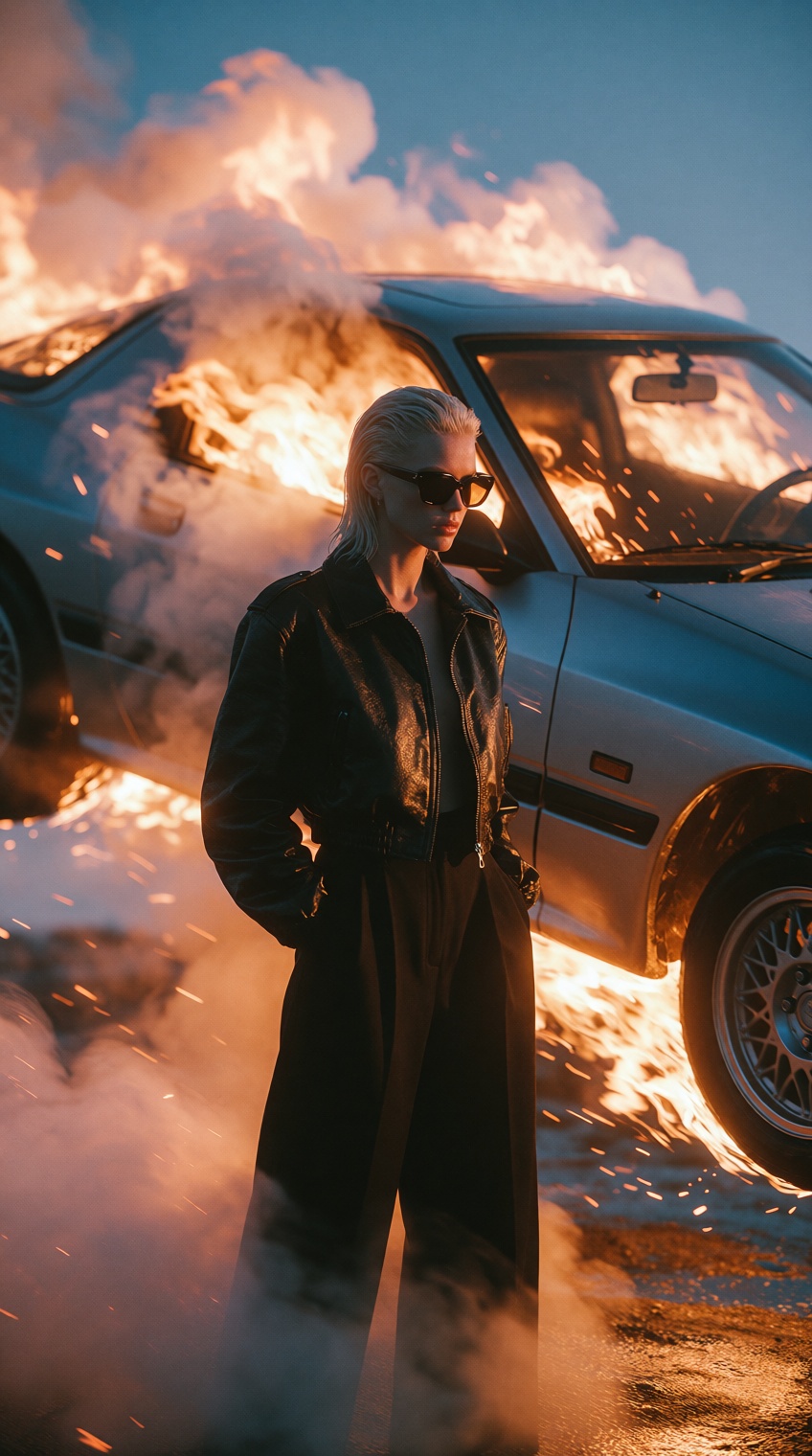A surreal,  cinematic action shot with a Retrowave aesthetic. A cool woman with slicked-back hair and dark sunglasses stan...