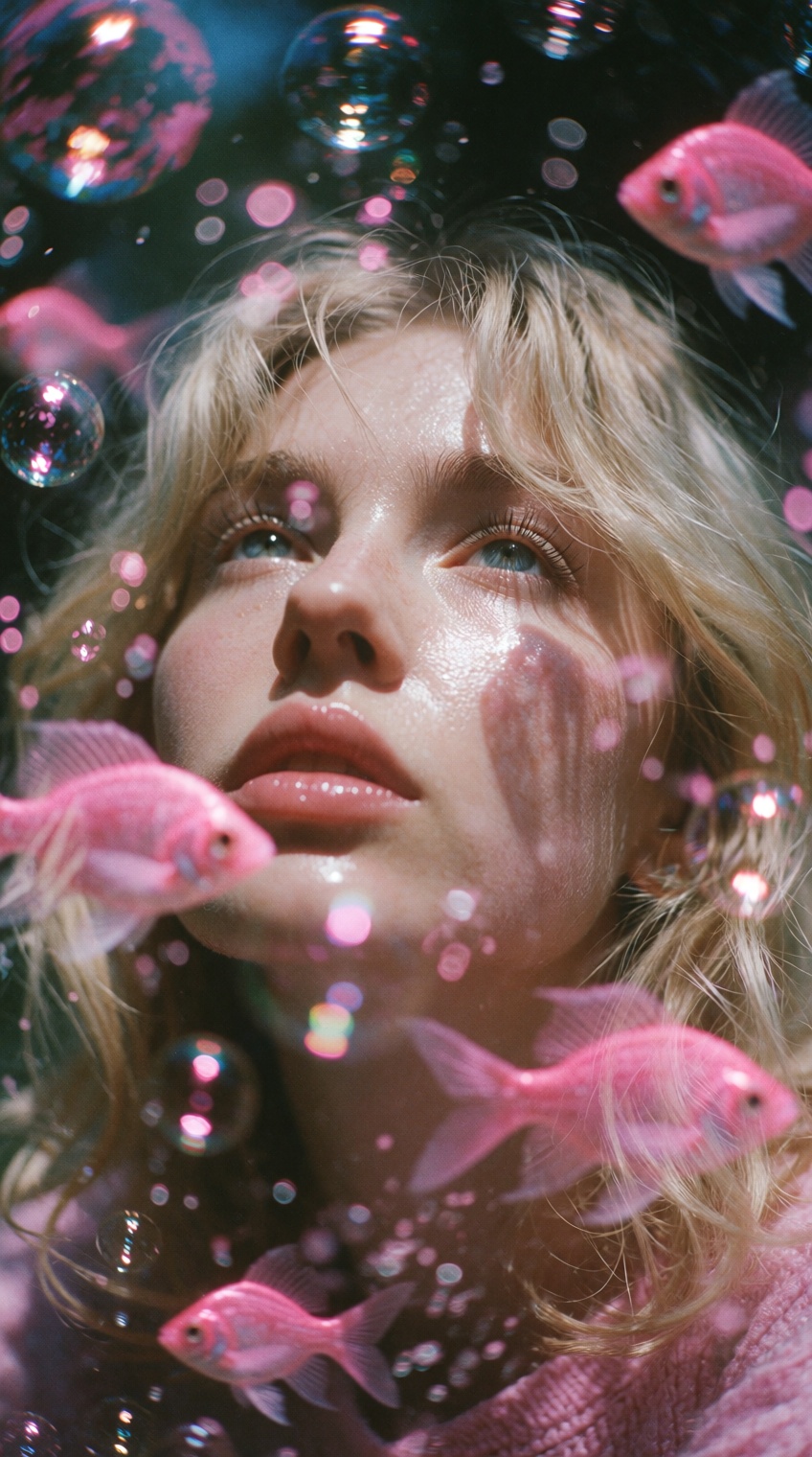 An indie sleaze style photo of a blonde woman gazing upwards,  surrounded by floating pink bubbles and surreal pink fish o...