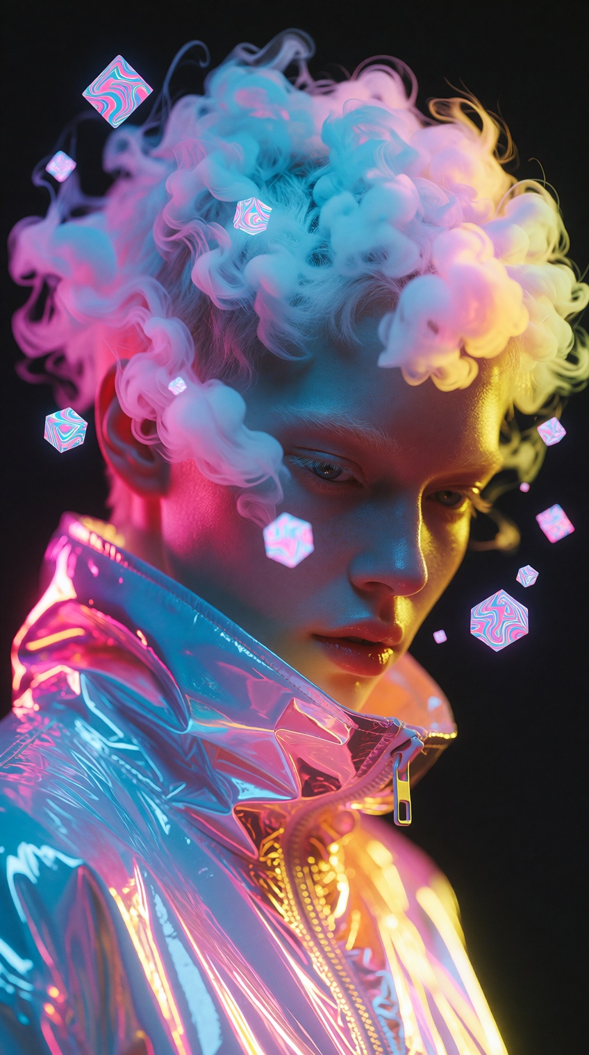 A high-angle digital portrait of a young person looking downward against a solid black background. Their short,  pale hair...