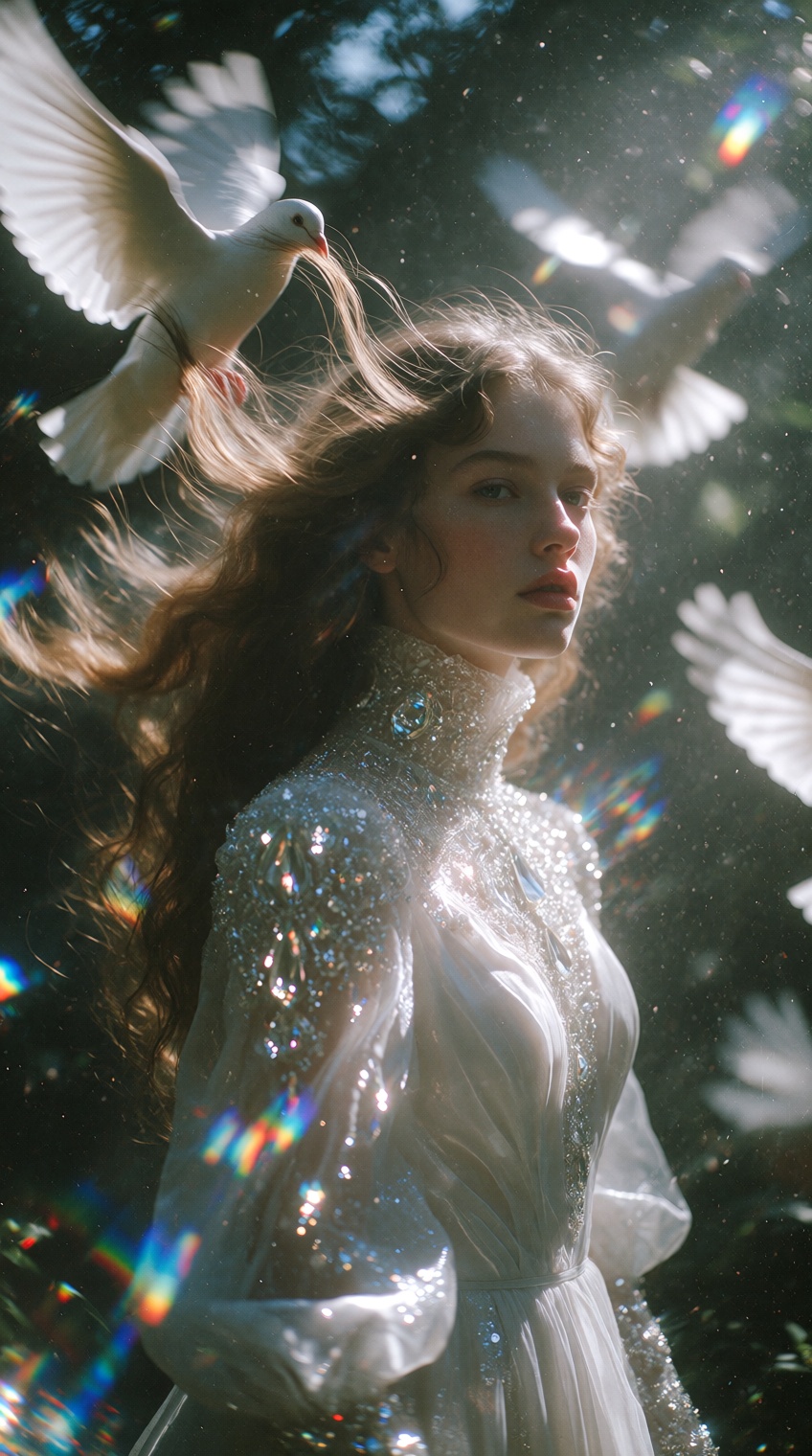 A surreal and dreamlike cinematic still of a stoic young woman with long,  flowing wavy hair,  midj_aes. Several white dov...