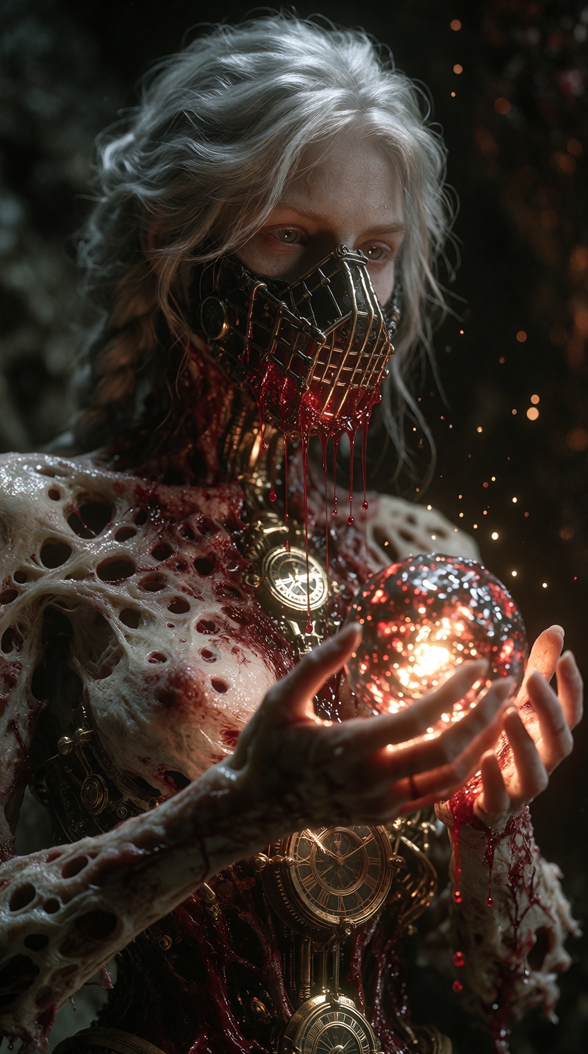 A silver-haired matron,  her head encased in a latticed muzzle that drips crimson fluid,  holds a glowing on Tensor.Art