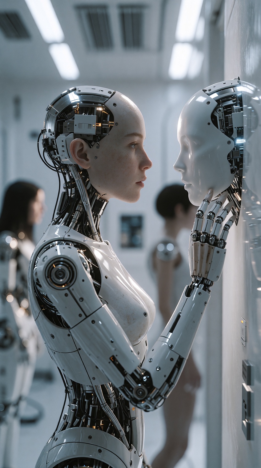A female android with exposed cranial mechanics stands in profile,  gently touching a featureless synthetic face mounted o...