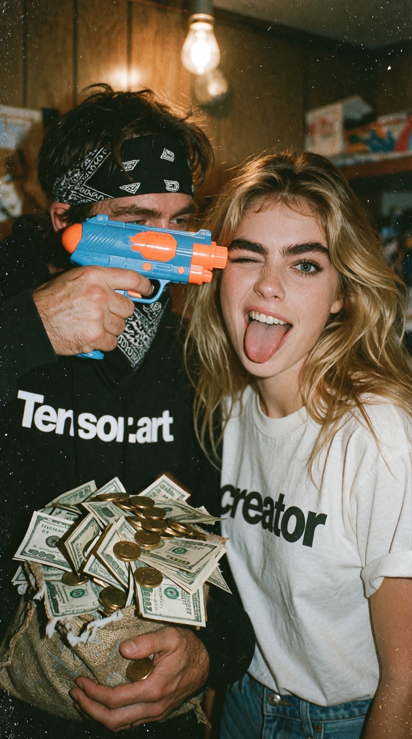 A satirical vintage 1990s snapshot shot on grainy 35mm film with a faded warm color cast,  soft flash and visible print te...