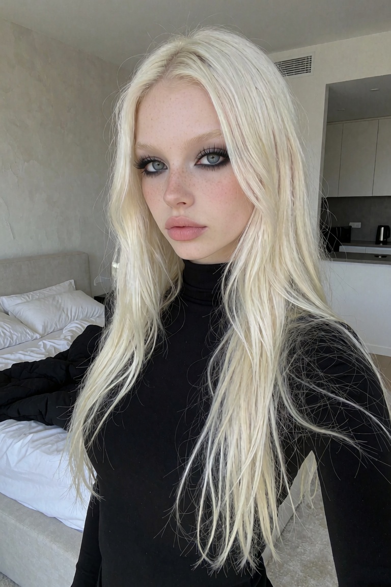 This is a high-resolution photograph of a young woman with a striking appearance. She has long,  straight,  platinum blond...