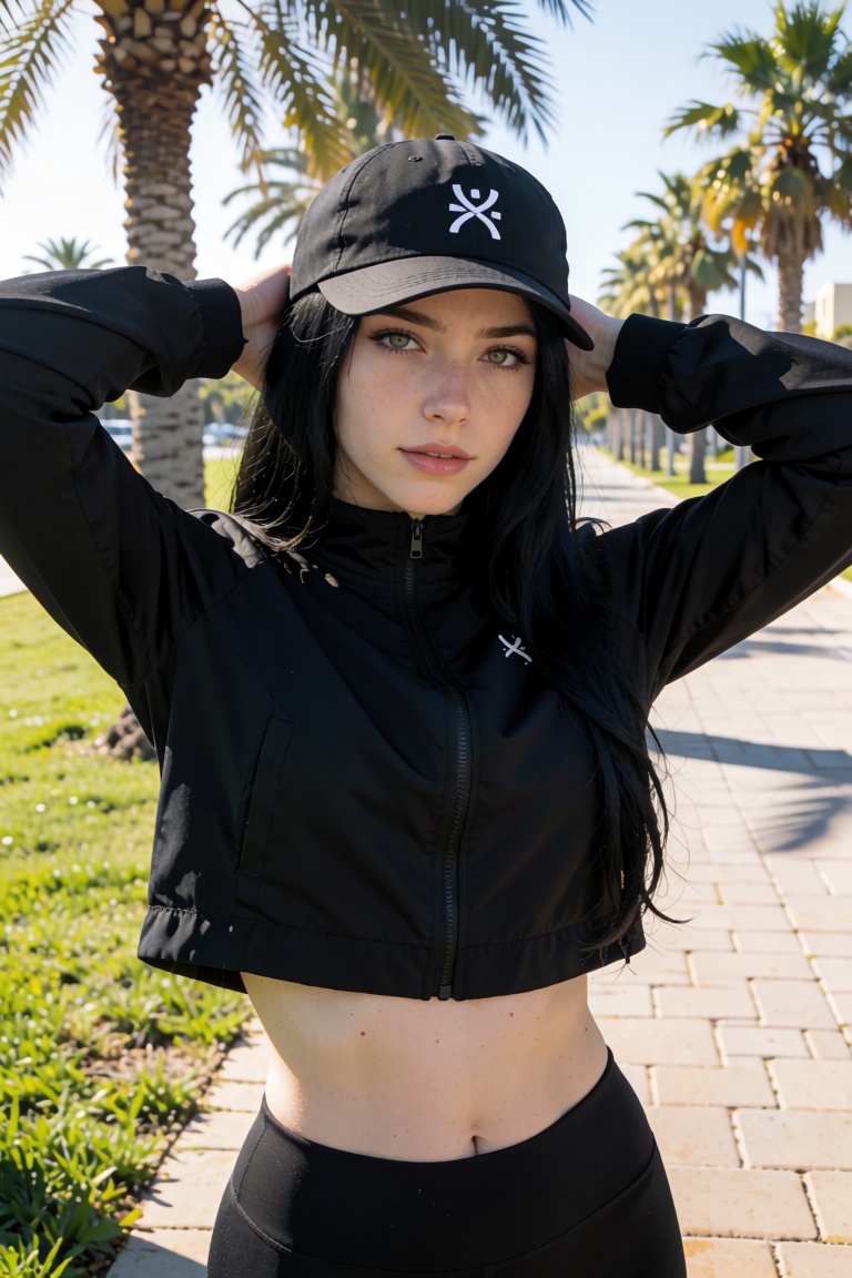 a young woman standing outdoors,  wearing a black cropped jacket and a black cap with a white logo on the front. The perso...