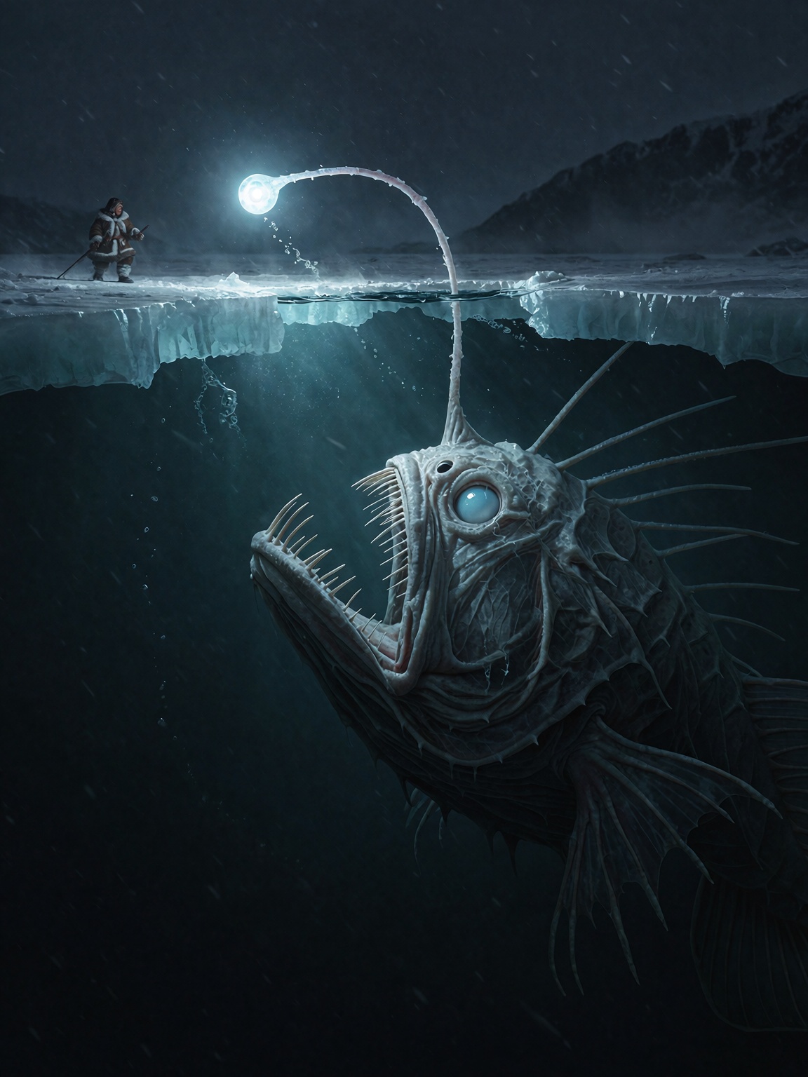 Photorealistic digital art of a semi submerged side view of thick ice using a 35mm lens. Underwater is a endless dark blac...