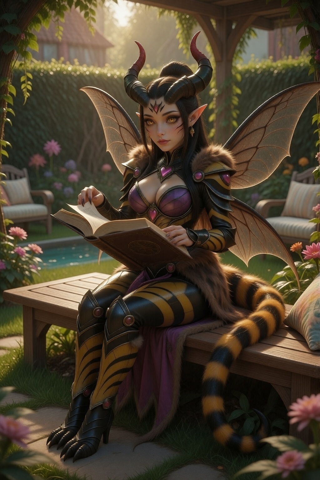Vexora sitting gracefully on a wide wooden bench in a serene and inviting backyard oasis,  full body view,  mature beautif...