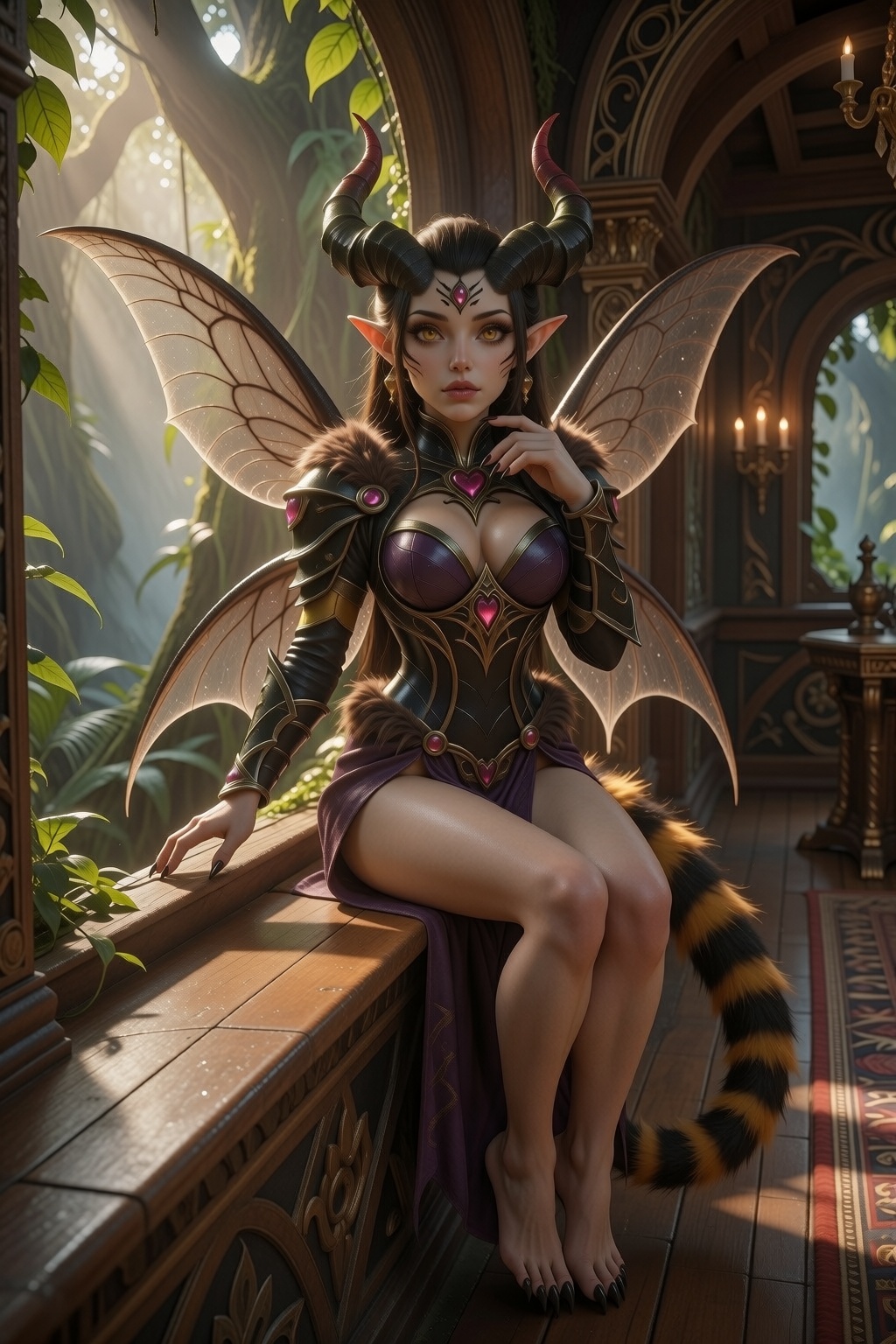 Vexora sitting gracefully on a wide wooden windowsill inside a large grand room of a massive treehouse built into an ancie...