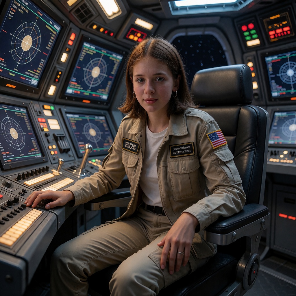 A young space ship captain,  fresh and eager,  sits confidently in the command chair of her starship. The room is filled w...