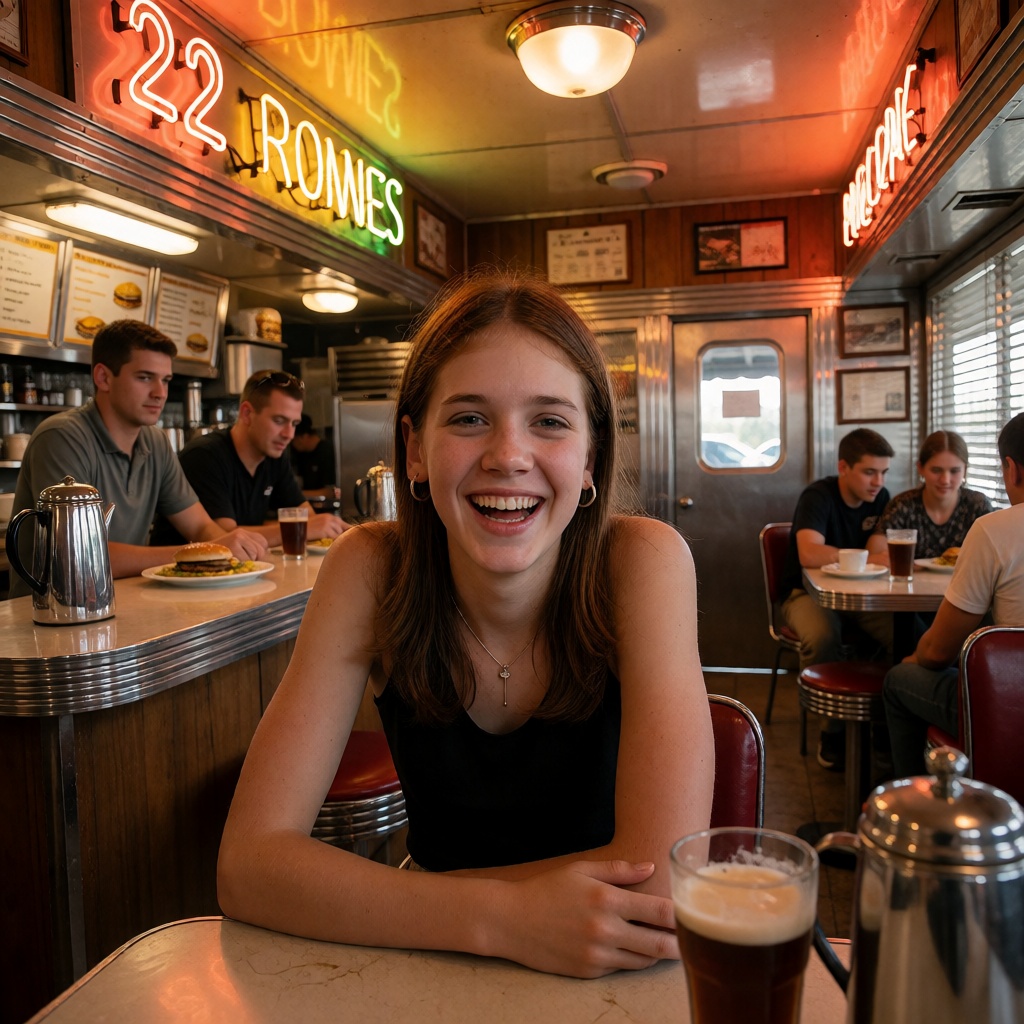 A 22-year-old woman caught in a candid moment,  laughing heartily in an old-fashioned chrome diner. The diner is bathed in...