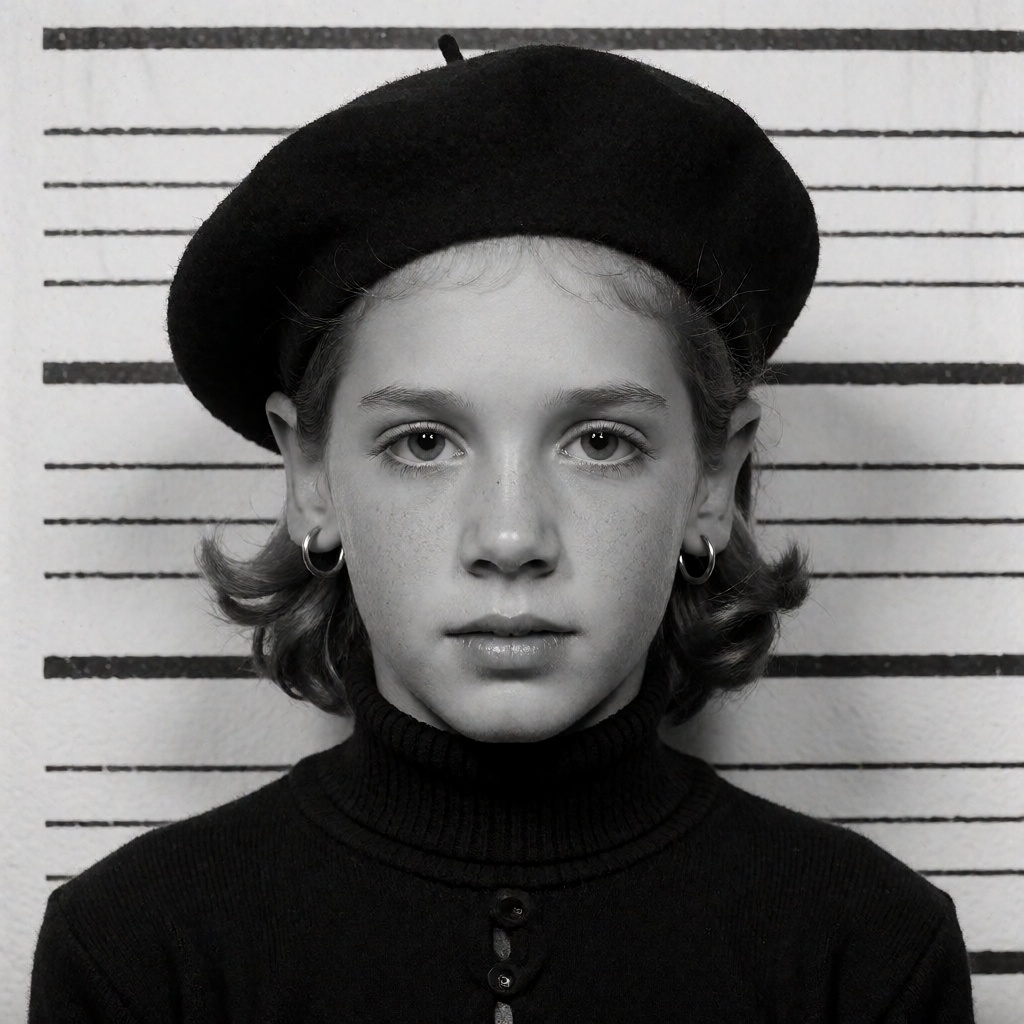 Create a 1950s black and white mug shot featuring a young girl in a black beret and a turtleneck sweater. Capture her imag...