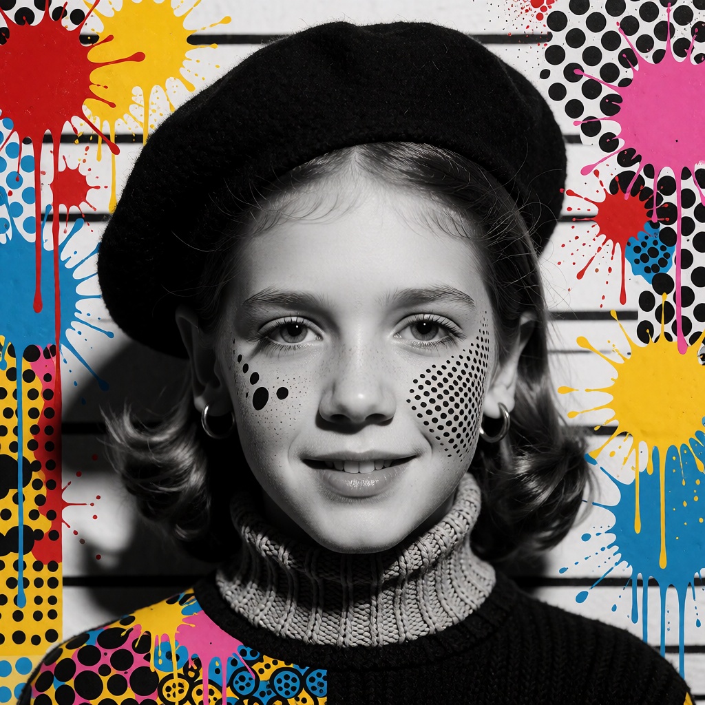Create an abstract pop art portrait of a young girl from the 1950s,  depicted in a black and white mug shot. She wears a b...
