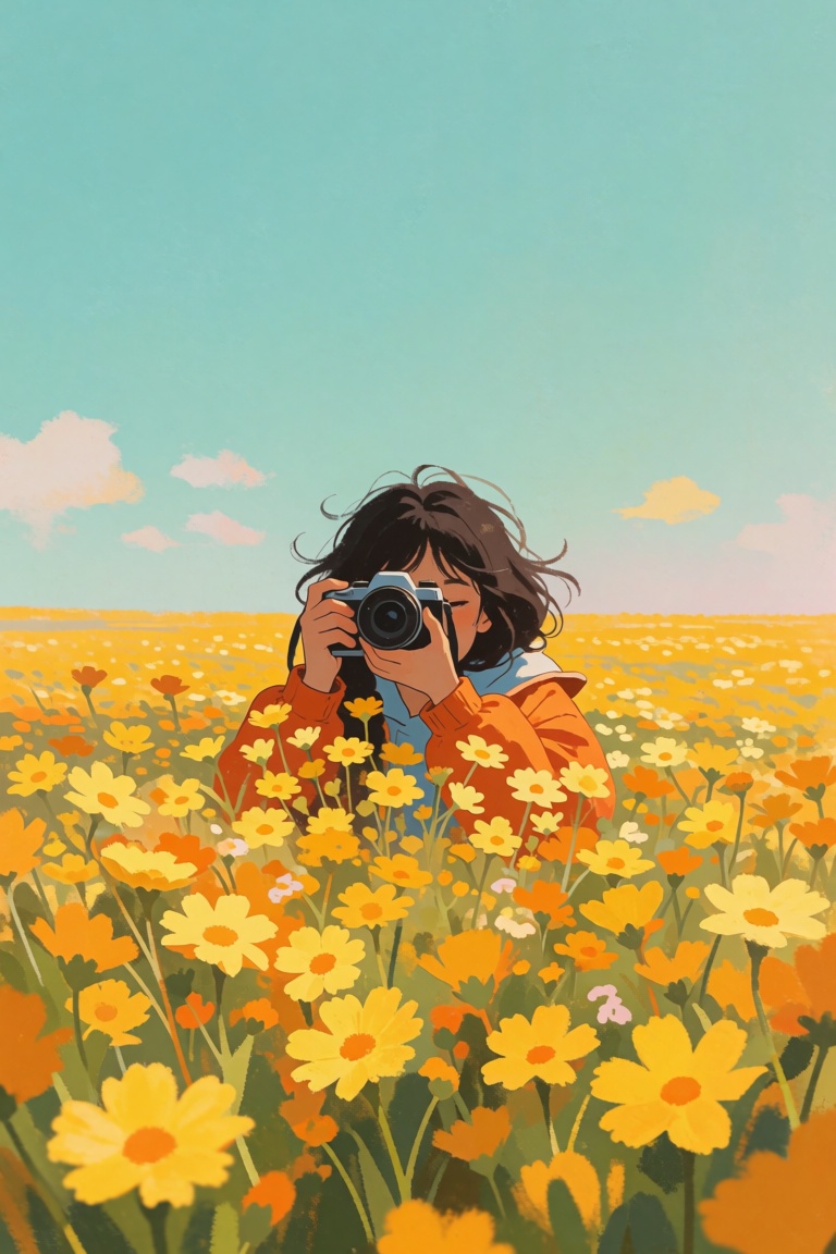 Semi-realistic painterly illustration of a young girl mostly hidden behind chest-high yellow wildflowers,  camera raised t...