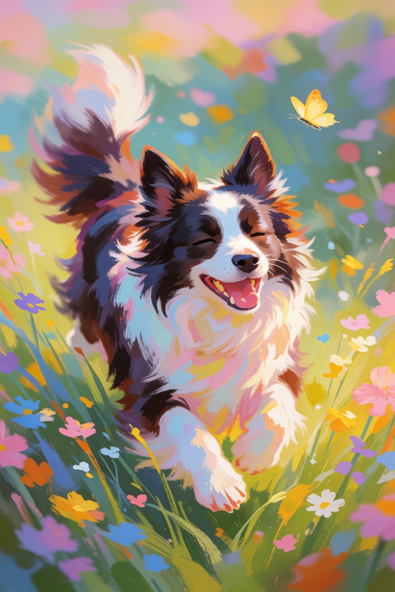 joyful Border Collie running through a vibrant meadow with it's eyes closed,  impressionistic brushstrokes,  soft pastel c...