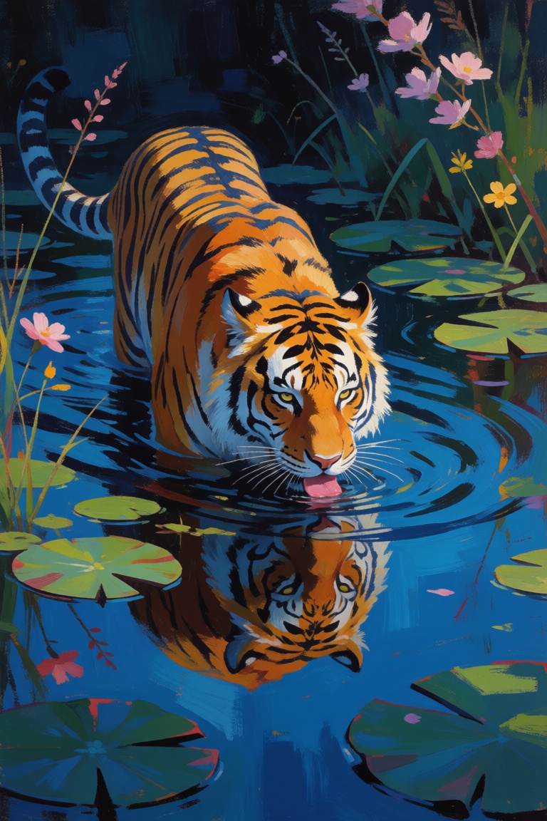 Loose expressive oil-painting style illustration of a tiger wading chest-deep through a still blue pond at dusk,  head low...