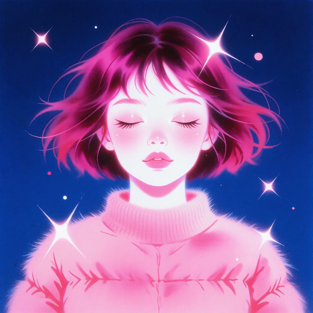 Glowing painterly portrait illustration of a girl with short tousled magenta hair,  eyes closed in a peaceful expression,...