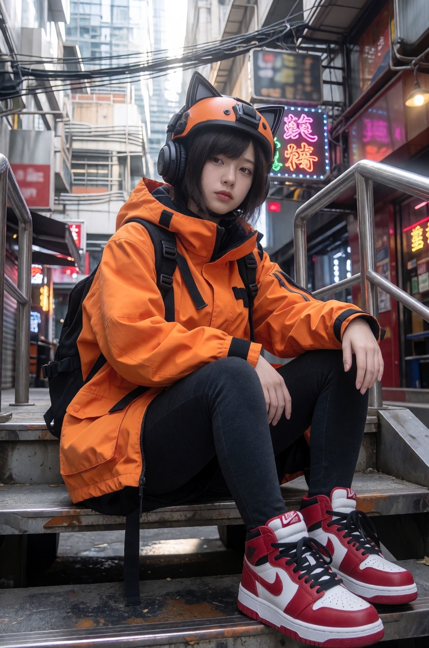 A vivid photograph captures a young woman seated casually on metal outdoor stairs in a busy urban alleyway. She sits with...
