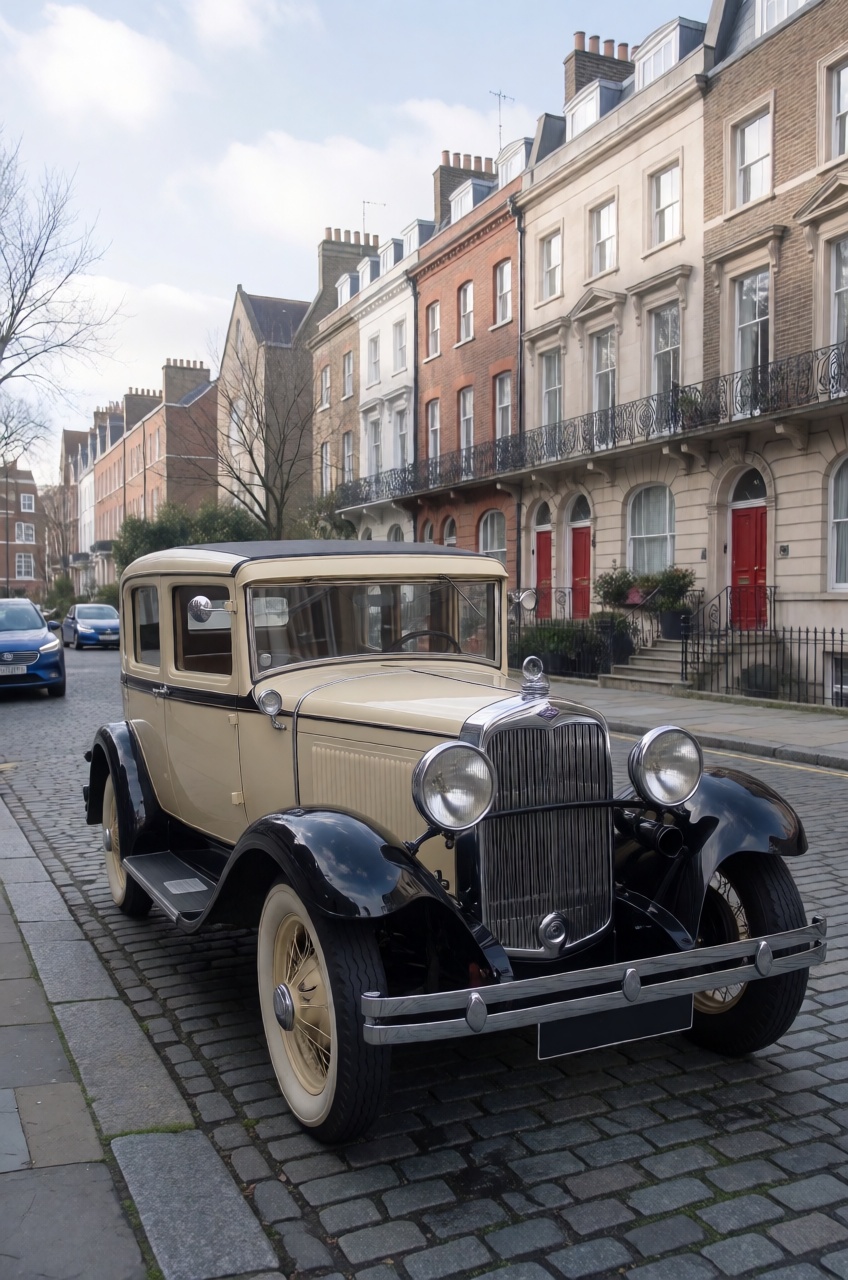 Subject: A restored vintage 1920s or early 1930s classic automobile featuring a two-tone cream and black body with promine...