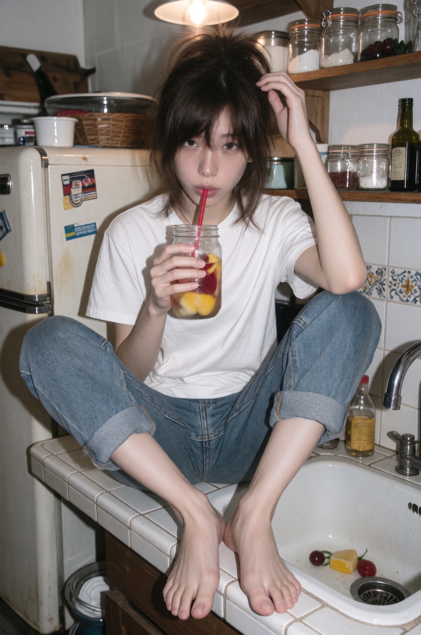 A vivid photograph captures a young East Asian woman sitting on a white tiled kitchen counter beside a sink,  holding a cl...