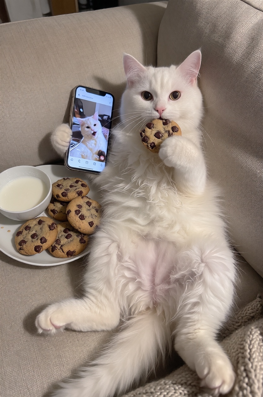 A vivid photograph shows a white fluffy cat reclining lazily on a soft beige fabric sofa while holding a smartphone in one...