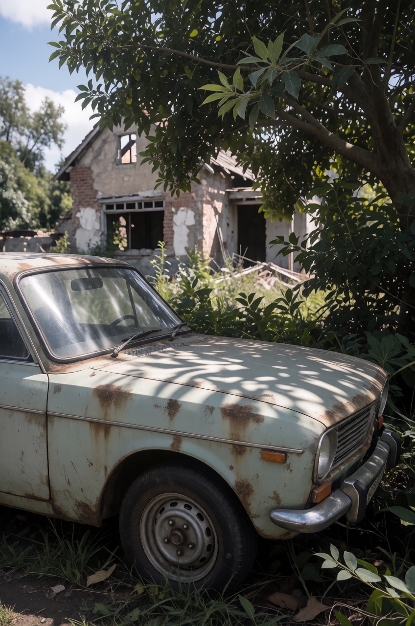 From low angle Side view of a Weathered Vintage car park in the bushhes under the shady tree near a abandoned house ruins,...