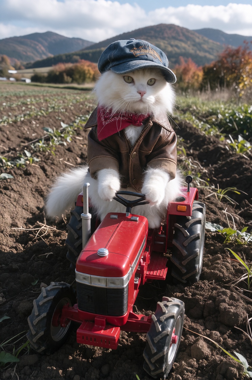 A vivid photograph displays a white fluffy cat sitting proudly on a miniature red tractor in a tilled field. The feline si...