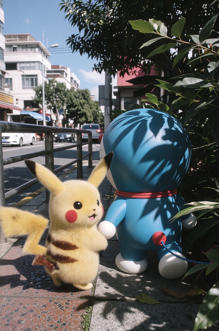 pikachu and doraemon walking on walkway,  shadow foliage,  sunlight. town crisp detail on Tensor.Art