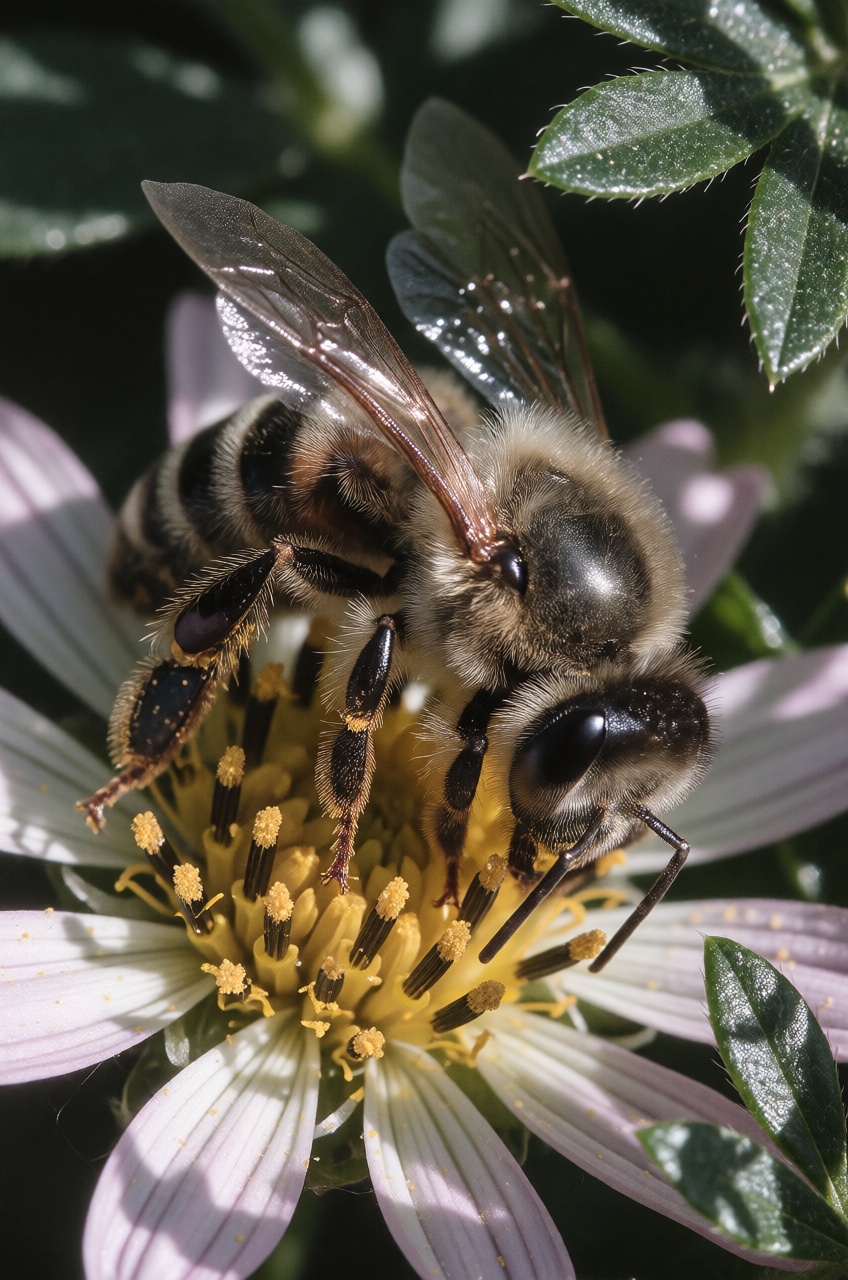 extreme macro close-up of bee on a flower,  shadow foliage,  sunlight. crisp detail on Tensor.Art