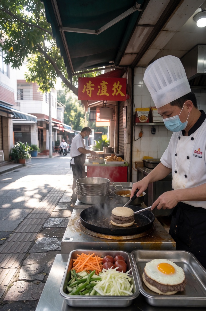 close-up of a chef cooking burger at burger stall on walkway,  shadow foliage,  sunlight. town crisp detail on Tensor.Art