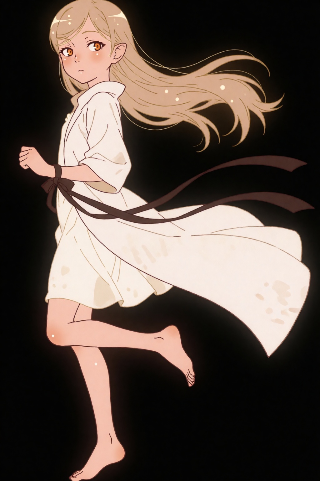 Parasine,  a 12 years old girl with orange eyes and long blonde hair,  is balancing on one foot on a thin robe. She wears...