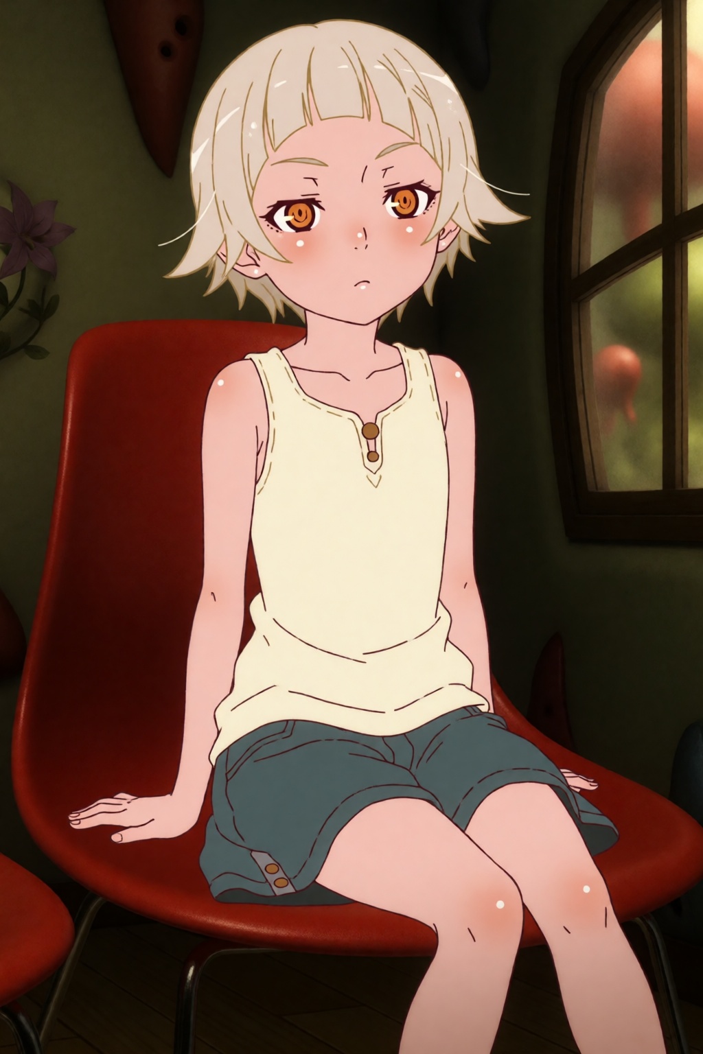 Vintrolek,  an 8 years old girl with short platinum blonde hair and orange eyes,  is sitting on a red chair in a dimly lid...