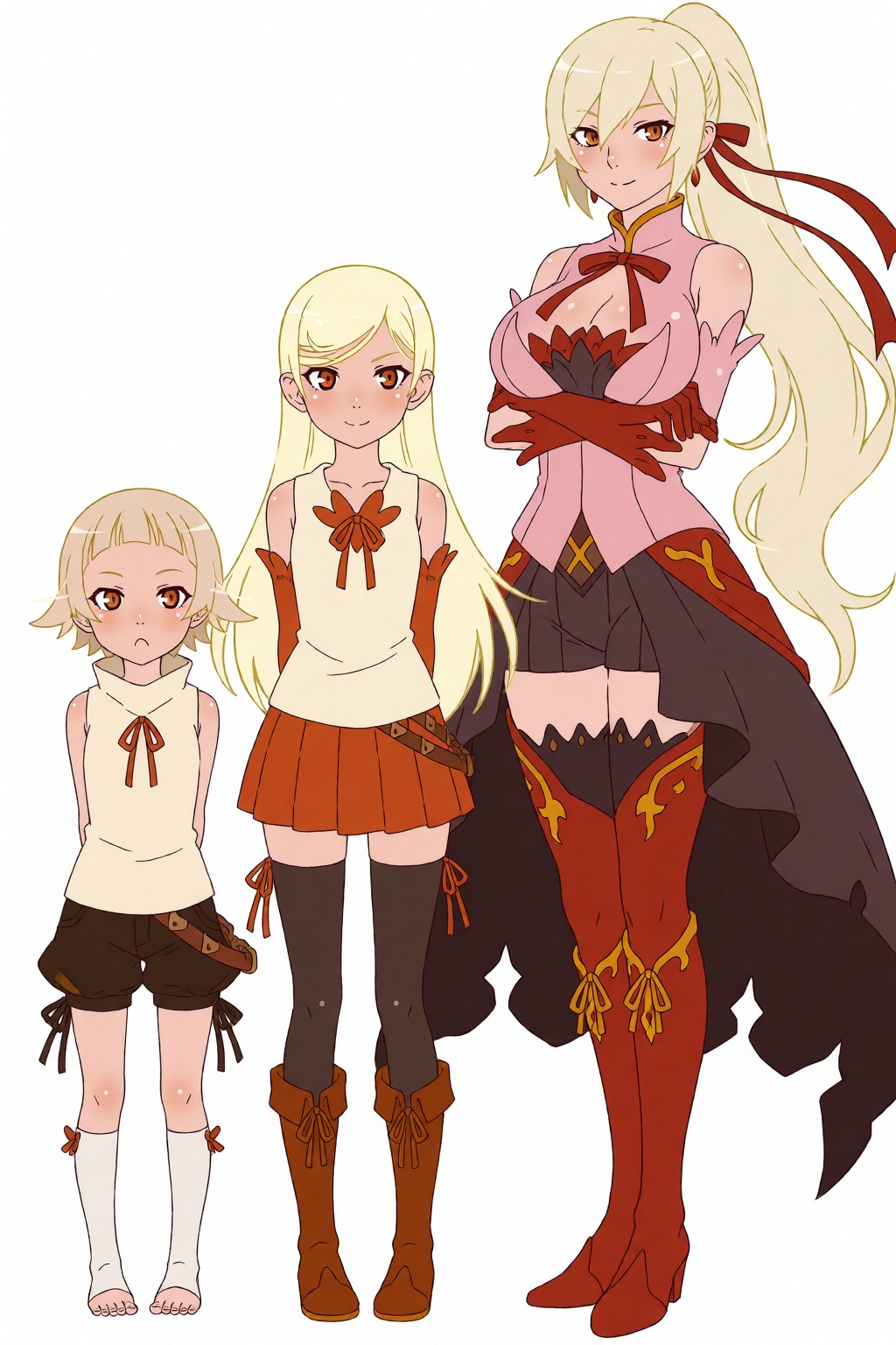The image depicts 3 female characters standing next to each other. Vintrolek,  an 8 years old girl with short blonde hair...