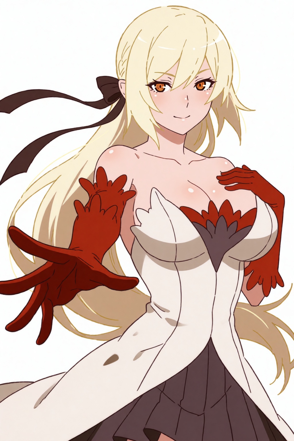 Pettalon,  a 18 years old female with a long blonde ponytail,  a long hair ribbon and orange eyes. The hair ribbon is blac...