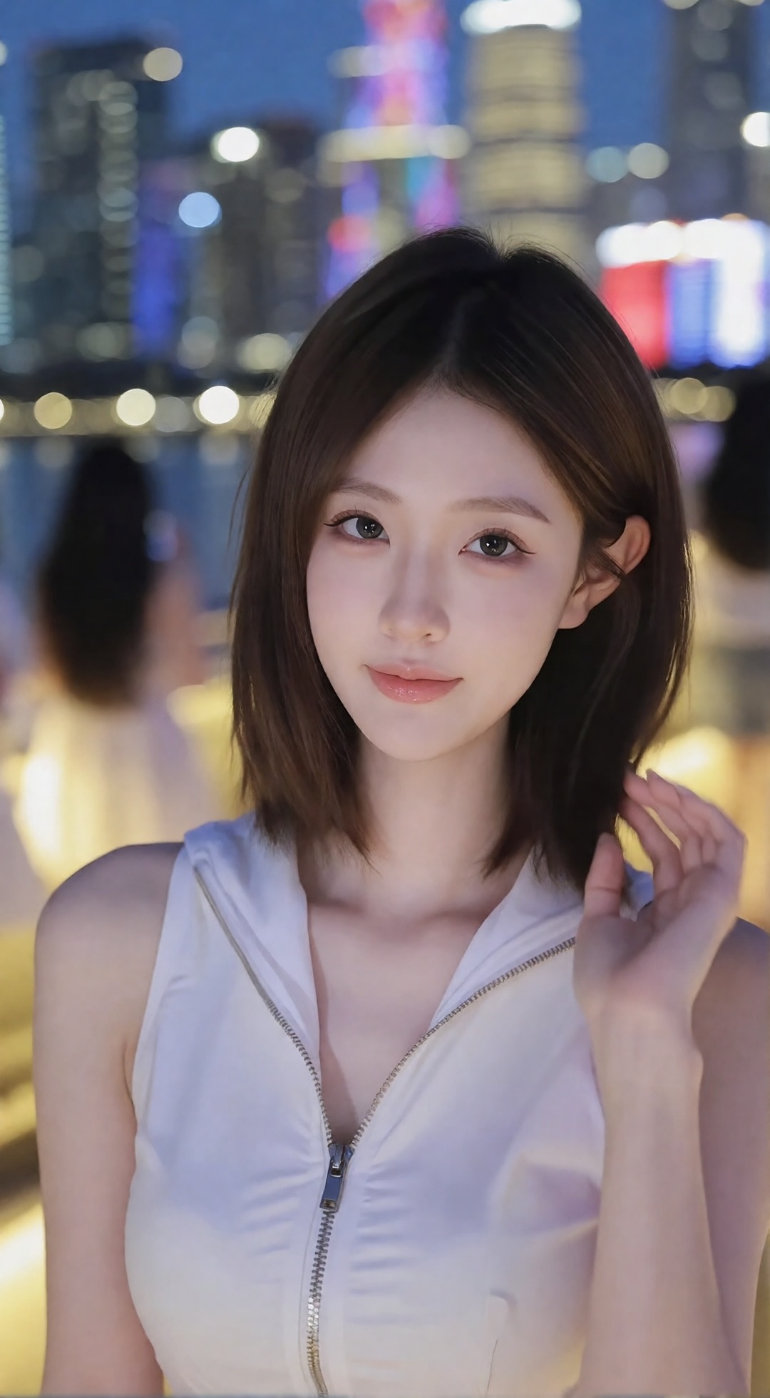 Photograph of an Asian woman with fair skin and shoulder-length brown hair,  wearing a sleeveless white zip-up top. She is...